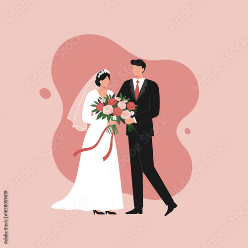 Newlyweds embrace on their wedding day, symbolizing love, commitment, and a joyous new beginning. Ideal for romance, event planning, and celebratory designs.