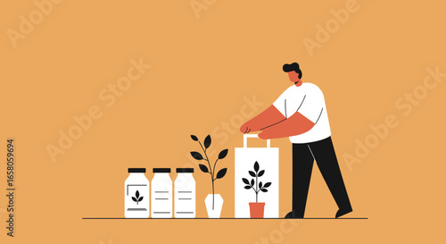 Man purchasing natural products and plants, emphasizing sustainable shopping and healthy lifestyle choices for home or business.