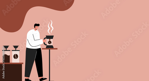 Man preparing fresh hot coffee with a modern pour-over maker. Ideal for illustrating morning routines, home comfort, and a relaxed lifestyle.