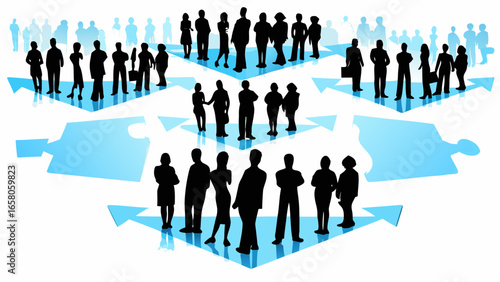 Silhouetted people standing on blue puzzle piece arrows pointing downwards in a layered hierarchical structure