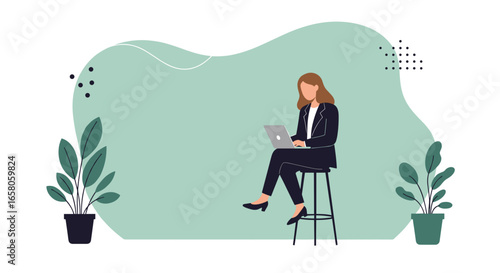 Professional woman focused on her laptop, sitting on a stool in a minimalist workspace. Represents remote work, business productivity, and digital communication.