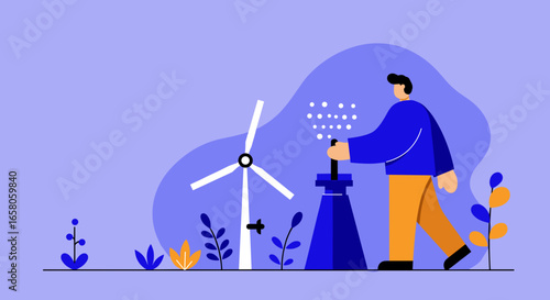 Person managing clean renewable energy with a wind turbine, symbolizing environmental innovation and sustainable future concepts.