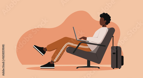 Traveler working on laptop in a lounge chair with luggage. Depicts remote work, digital nomad lifestyle, or business travel.