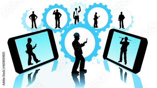 Silhouetted figures in gears and on mobile devices against a white reflective background scene design