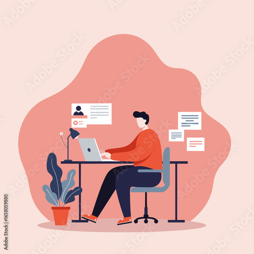 Young man working diligently on his laptop at a desk, ideal for concepts of remote work, online learning, or digital business solutions.