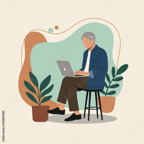 Adult man with grey hair working remotely on a laptop, surrounded by indoor plants in a modern, calm setting. Ideal for productivity, online education, and digital lifestyle themes.