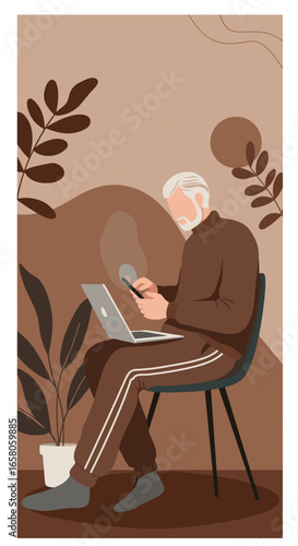 Elderly man engaged with a smartphone and laptop in a comfortable, modern setting, highlighting digital connectivity and active senior lifestyle.