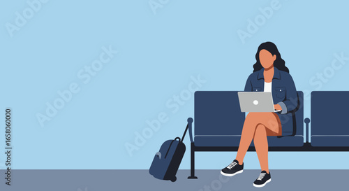 Professional woman utilizing her laptop in an airport waiting area, symbolizing modern business travel, remote work, and on-the-go productivity.
