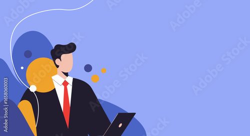 Professional businessman works on a laptop against a modern abstract background, ideal for business, technology, or corporate communication concepts.