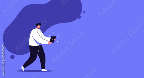 Modern illustration of a person walking while actively using a digital tablet or smartphone. Ideal for technology, business, and communication concepts.
