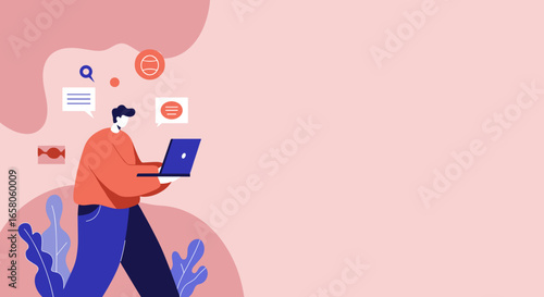 Modern illustration of a man using a laptop for communication, work, or social networking online. Represents digital lifestyle and connectivity.