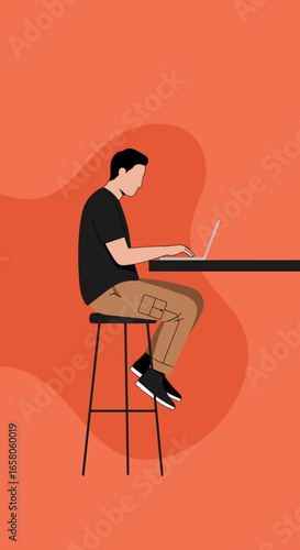 Young person focused on work or study, using a laptop at a modern counter. Ideal for business, remote work, or digital lifestyle concepts.