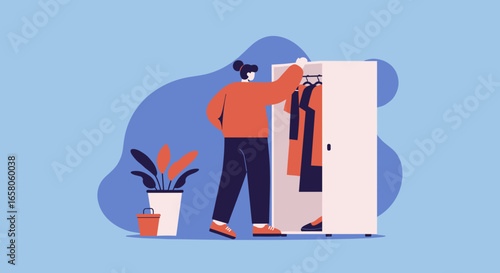 Person choosing clothes from a wardrobe in a stylized home setting. Captures daily routine, fashion selection, organization, and personal style. Ideal for lifestyle and domestic concepts.