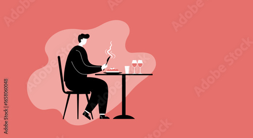 A man enjoys a hot meal and wine at a restaurant table. Ideal for concepts of dining out, leisure, or romantic dates.