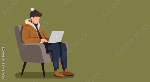 Young person in a cozy winter jacket and beanie working remotely on a laptop in a comfortable armchair. Ideal for concepts of remote work, study, and digital lifestyle.