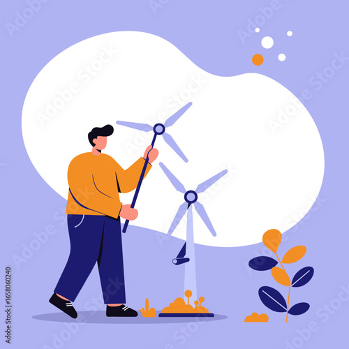 Man with wind turbines, symbolizing renewable energy and sustainable progress. Ideal for environmental initiatives, green technology, or clean energy business concepts.