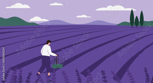 Person gathering fresh lavender in a vast purple field under a serene sky, embodying tranquility, travel, and natural beauty.