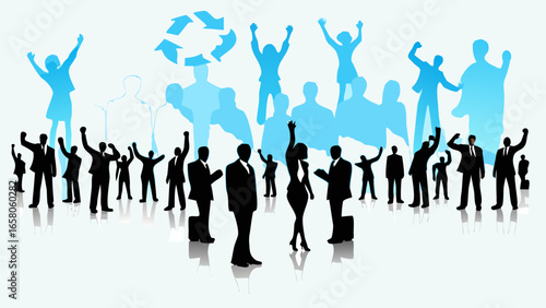 Silhouette of business people celebrating with recycling symbol in the background on white surface