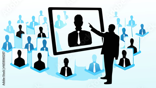 A presenter pointing at a screen during a virtual meeting with many attendees represented as avatars
