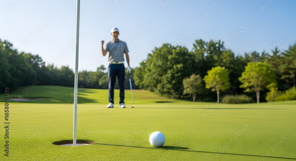 Obraz premium Golfing Triumph Golfer Celebrates a Successful Putt on a Lush Green Course, Victory