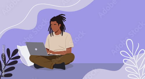 Person with dreadlocks working remotely on a laptop in a relaxed, modern home setting, ideal for concepts of digital lifestyle and online education.
