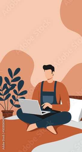 Casual man works on laptop from the comfort of his bed at home. Modern lifestyle, remote work, online learning, and productivity.