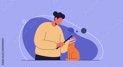 A person gently brushes an orange cat, demonstrating loving pet care and responsibility. Ideal for pet grooming, animal welfare, and lifestyle content.