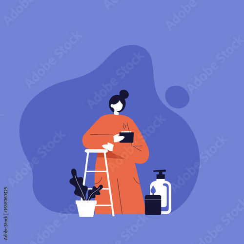 Person relaxing with a hot drink in a cozy home setting, surrounded by a plant, candle, and wellness items. Represents comfort, self-care, and a mindful lifestyle.