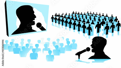Illustration of a speaker giving a presentation to a crowd with a screen showing the speaker