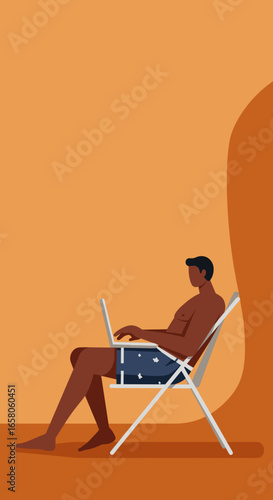 A man in swim shorts works on his laptop from a beach chair, embodying remote work, digital nomad lifestyle, and summer productivity. Ideal for travel, business, and leisure concepts.