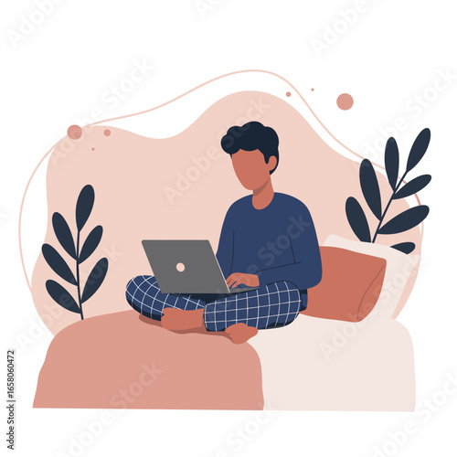 Man in pajamas comfortably working on laptop in bed at home. Ideal for remote work, online education, or casual lifestyle concepts.