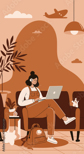 A young woman wearing headphones works on her laptop in a comfortable lounge setting, hinting at remote work, travel, or digital nomad lifestyle.