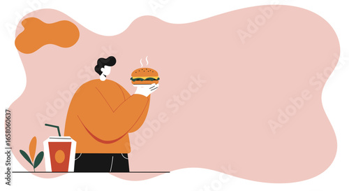 Modern illustration of a person holding a steaming burger with a drink. Depicts fast food, quick meals, and convenient dining. Ideal for food delivery and lifestyle concepts.