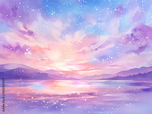 水彩で描いたゆめかわいい幻想風景 ピンク紫水色の海と山と星空が広がるパステル背景イラスト