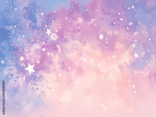 水彩で描いたゆめかわいい抽象背景 ピンク紫水色の雲に星とインクのしぶきが輝く幻想的イラスト
