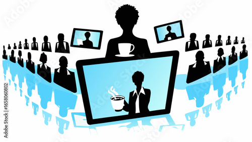 A virtual meeting with a presenter on a large screen surrounded by smaller screens and attendees