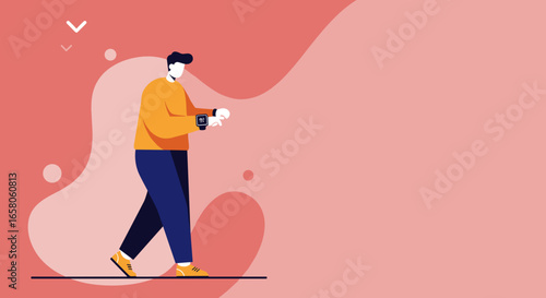 Modern man walks while checking his smartwatch, representing digital health, fitness tracking, and active lifestyle technology.