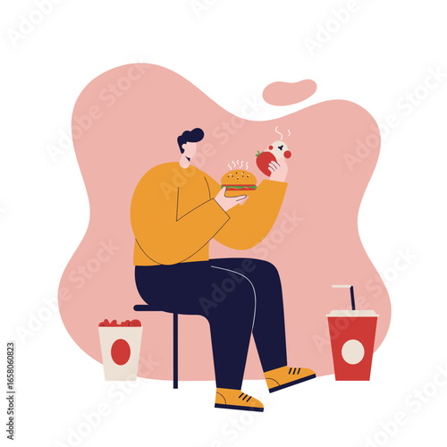 Man enjoying a casual fast food meal with a burger, fries, and drink, depicting modern dining and convenience culture.
