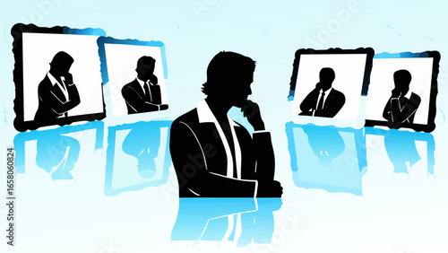 Silhouette of a man contemplating with framed portraits in the background on a reflective surface