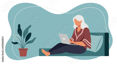 Woman comfortably working on laptop at home, embodying remote work and a modern digital lifestyle. Ideal for business, education, or leisure concepts.