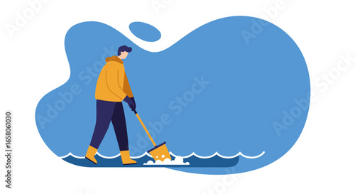 A person in a yellow jacket and boots is sweeping or cleaning a surface with a tool, symbolizing effort, maintenance, or environmental cleanup. Ideal for concepts of work, responsibility, and hygiene.