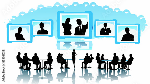 Illustration of a virtual meeting with silhouettes and screens showing video conference participants
