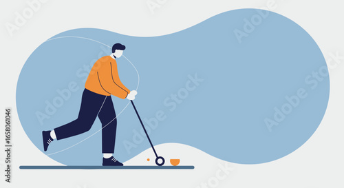 Modern vector illustration of a man enjoying a game of golf. Depicts relaxation, hobby, and active lifestyle. Perfect for leisure or sports-related content.