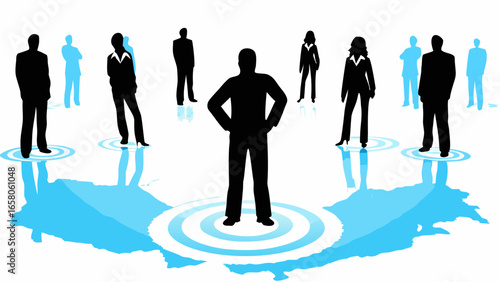 Silhouette of business people standing on a blue map with concentric circles around them in a group setting