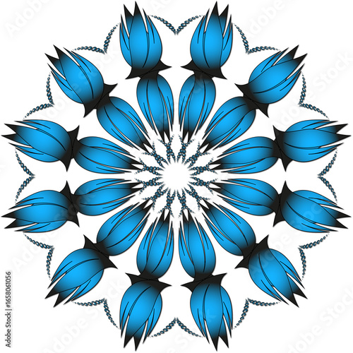Evil eye beads follow each other's mandala patterns, blue evil eye beads