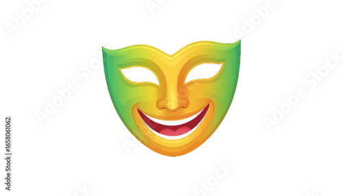Expressive theatrical mask with a cheerful smile and vibrant green and yellow gradient, perfect for symbolizing joy and performance.
