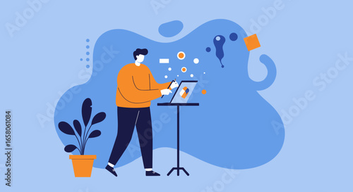 Creative professional using a digital tablet to design, illustrating concepts of innovation, graphic design, and modern technology in a dynamic workspace.