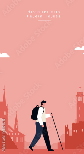 Man with backpack and walking stick explores a historic city skyline, ideal for travel, adventure, and urban tourism concepts.