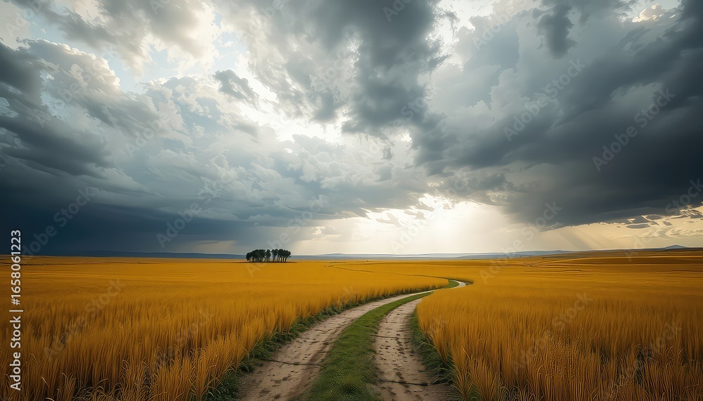 Obraz premium Golden field leading to a distant forest under a dramatic sky filled with dark storm clouds and soft sunlight