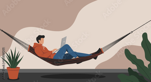Man comfortably works on laptop in a hammock outdoors, embodying remote work, digital lifestyle, and flexible productivity from home or while traveling.